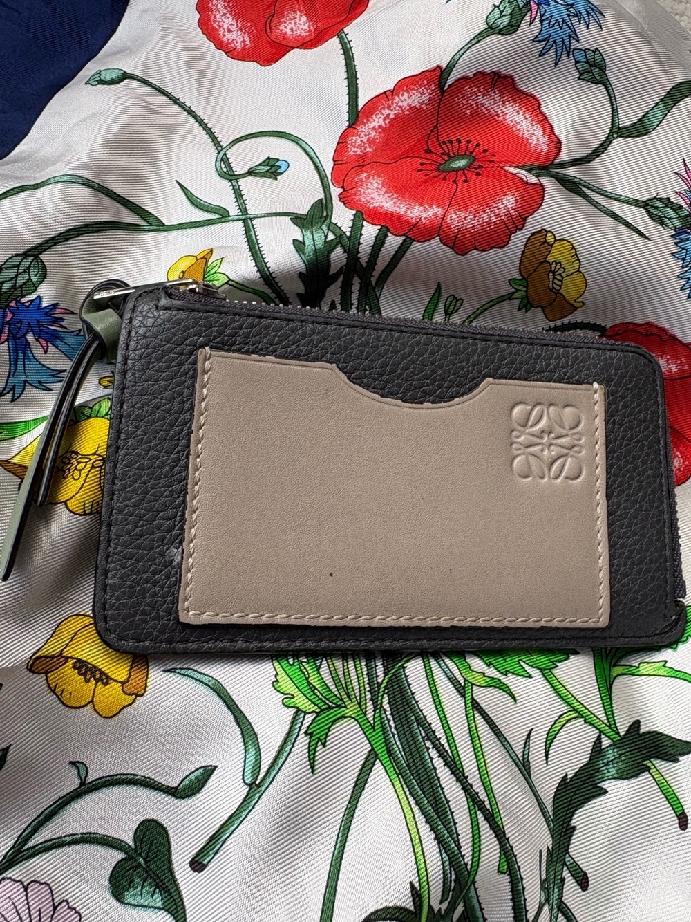Loewe Black Leather Zip Card Wallet with Beige Front Pocket